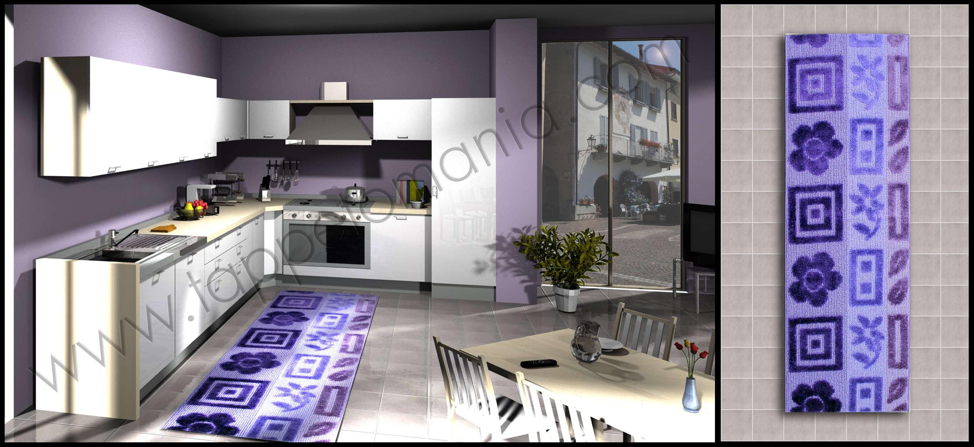 cucina tappeto fiori viola blu